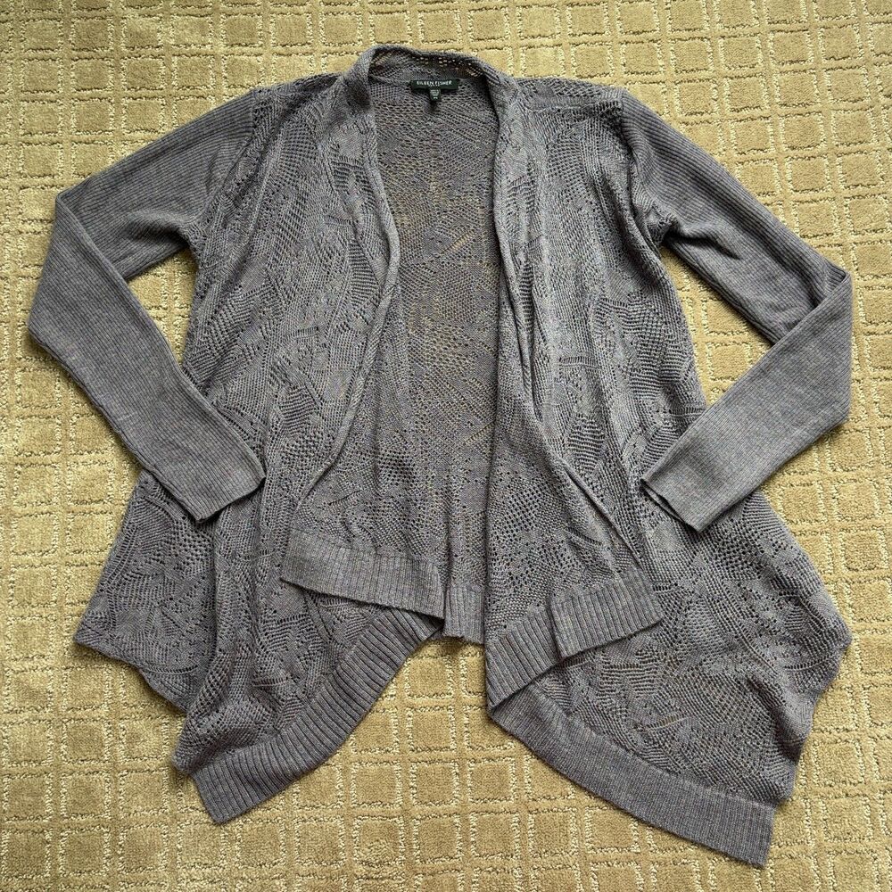 Eileen Fisher Merino Wool Cardigan Women's S Petite Open Knit Waterfall Mauve